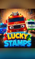 Lucky Stamps slot game cover by Endorphina featuring colorful fire truck, police car and ambulance characters.
